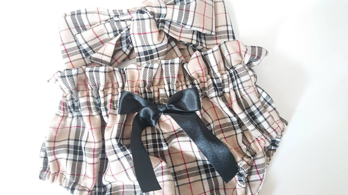 Beige Tartan Baby's girl's bloomer and Headwrap Cute Baby Set Baby Girls Clothes Winter outfit NEW