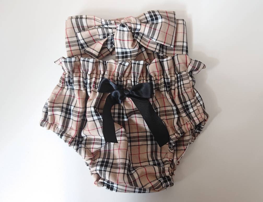 Beige Tartan Baby's girl's bloomer and Headwrap Cute Baby Set Baby Girls Clothes Winter outfit NEW