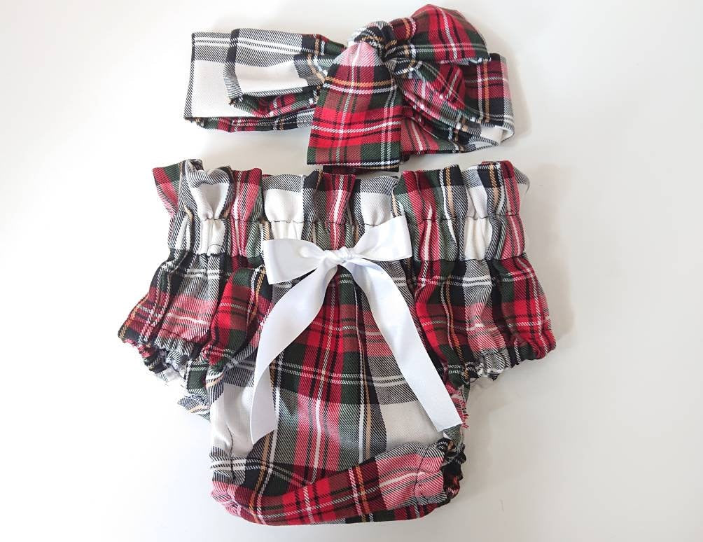 Tartan Baby Bloomers and Headwrap Set, Cotton Winter Outfit