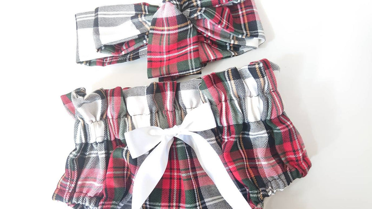 Tartan Baby Bloomers and Headwrap Set, Cotton Winter Outfit