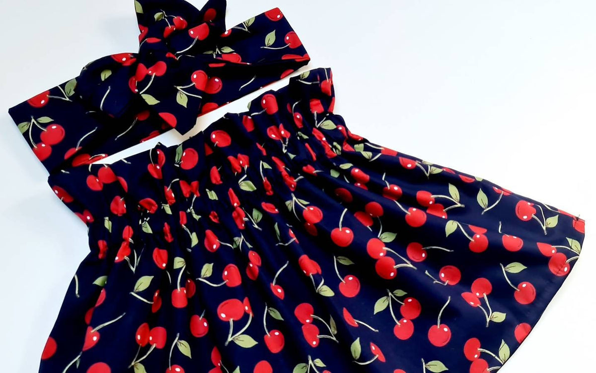 Girls Rose & Hubble Navy Blue and Red Cherry Print Skirt and Headwrap Set Girls Clothes NEW