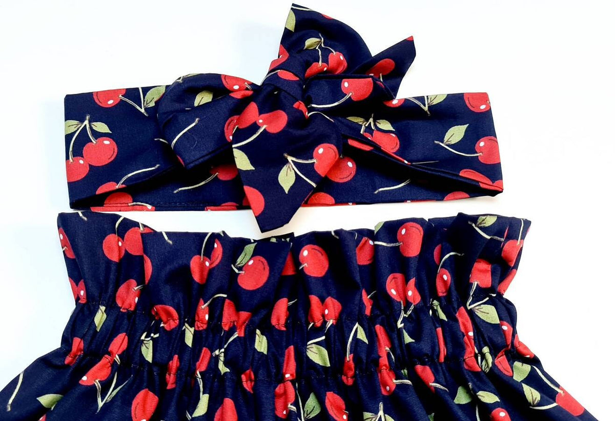 Girls Rose & Hubble Navy Blue and Red Cherry Print Skirt and Headwrap Set Girls Clothes NEW
