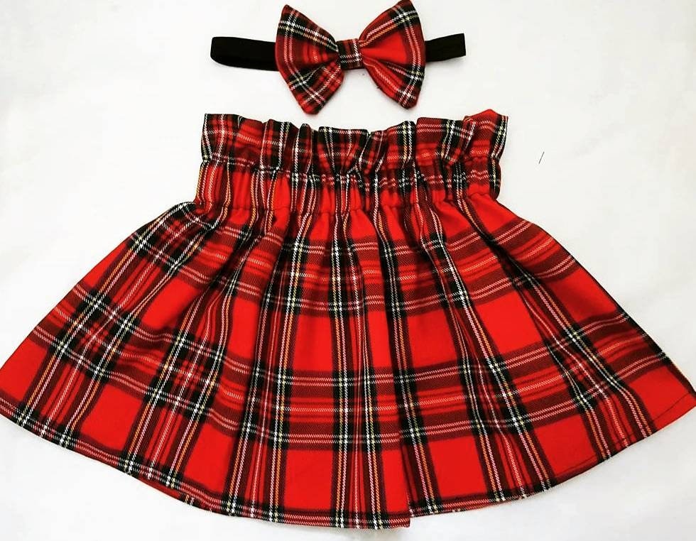 Red Tartan Skirt with Bow Cute Baby Set Royal Plaid Check Print Baby Girls Clothes NEW
