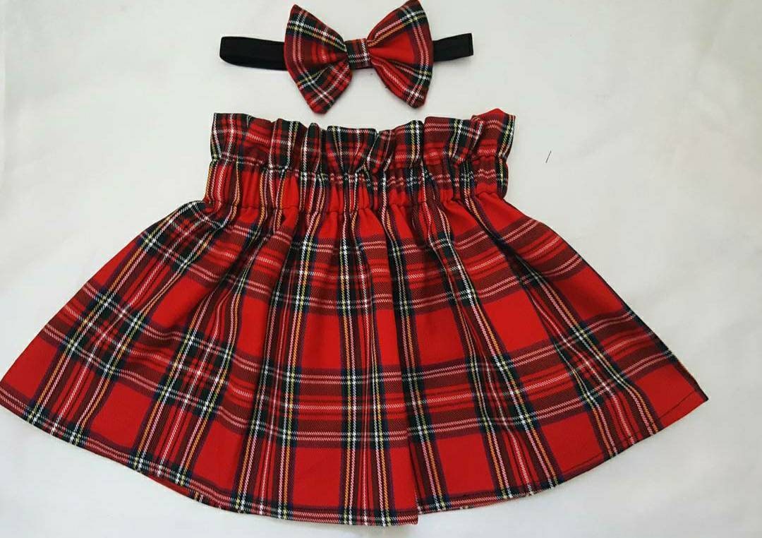 Red Tartan Skirt with Bow Cute Baby Set Royal Plaid Check Print Baby Girls Clothes NEW