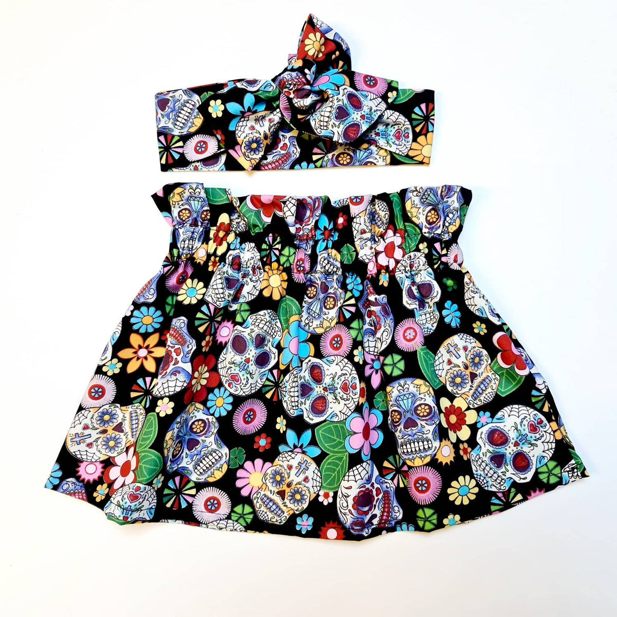Black Skull High Waisted Skirt and Headwrap Cute Baby Set Black Skull Print Baby Girls Clothes NEW