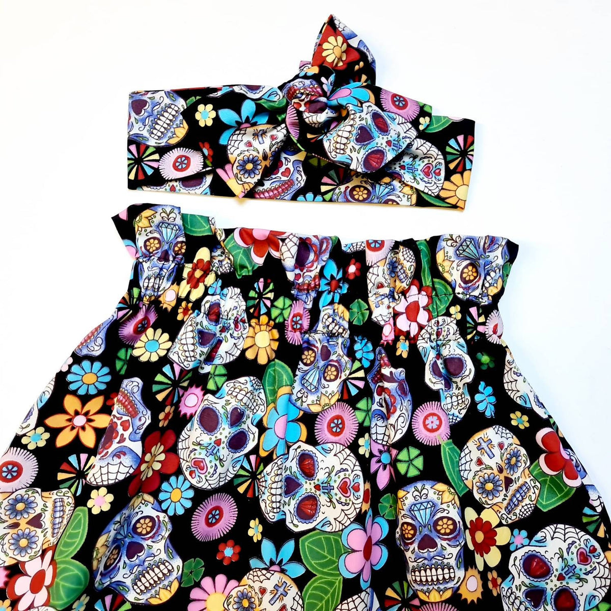 Black Skull High Waisted Skirt and Headwrap Cute Baby Set Black Skull Print Baby Girls Clothes NEW
