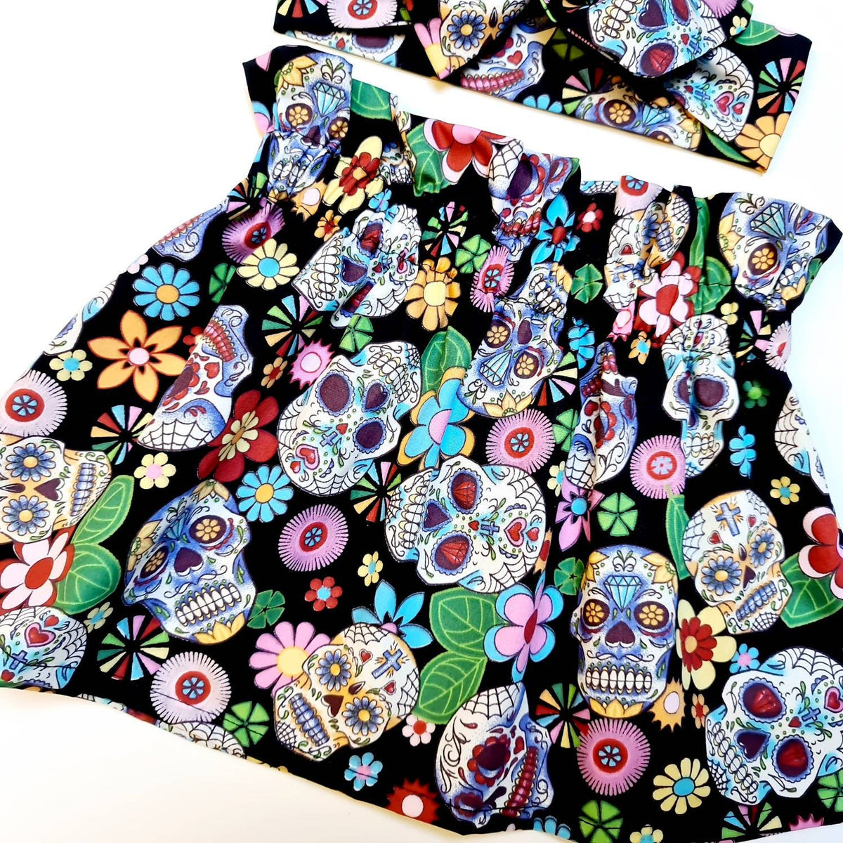 Black Skull High Waisted Skirt and Headwrap Cute Baby Set Black Skull Print Baby Girls Clothes NEW