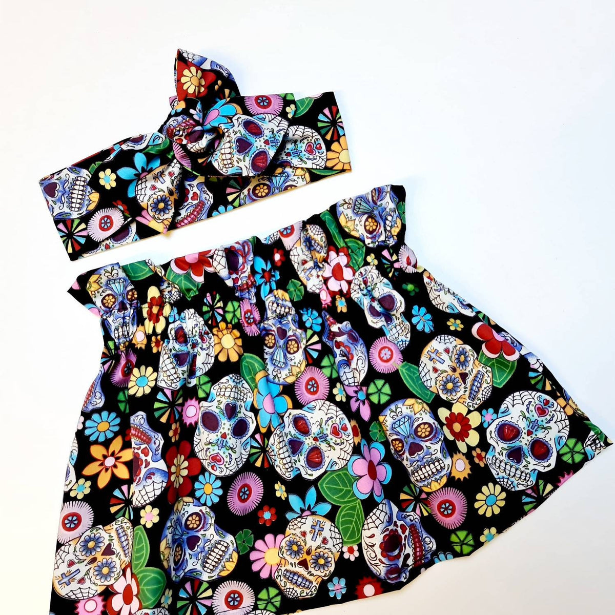 Black Skull High Waisted Skirt and Headwrap Cute Baby Set Black Skull Print Baby Girls Clothes NEW