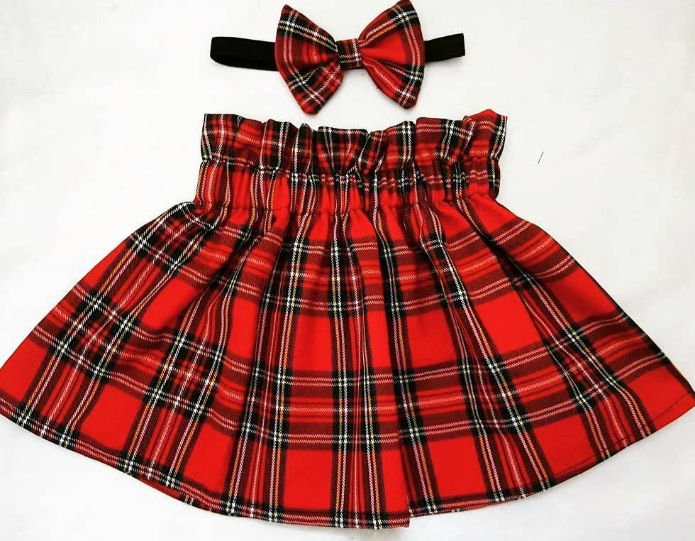 Red Tartan Skirt with Bow Cute Baby Set Royal Plaid Check Print Baby Girls Clothes NEW
