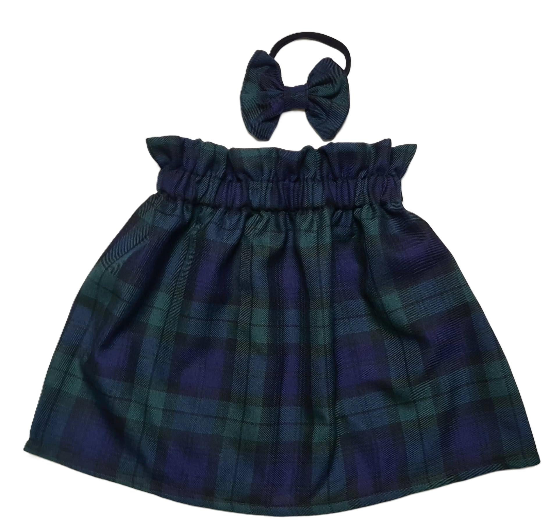 Black Watch Tartan Print Children's Skirt and Bow Set