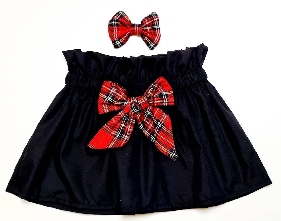Black Skirt with Red Tartan Bow and Headband Set Tartan Print Baby Girls Clothes NEW