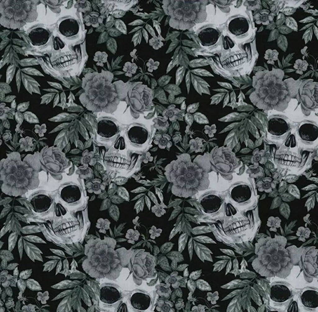Grey Black Skulls Floral Rose Gothic Sewing 100% Cotton