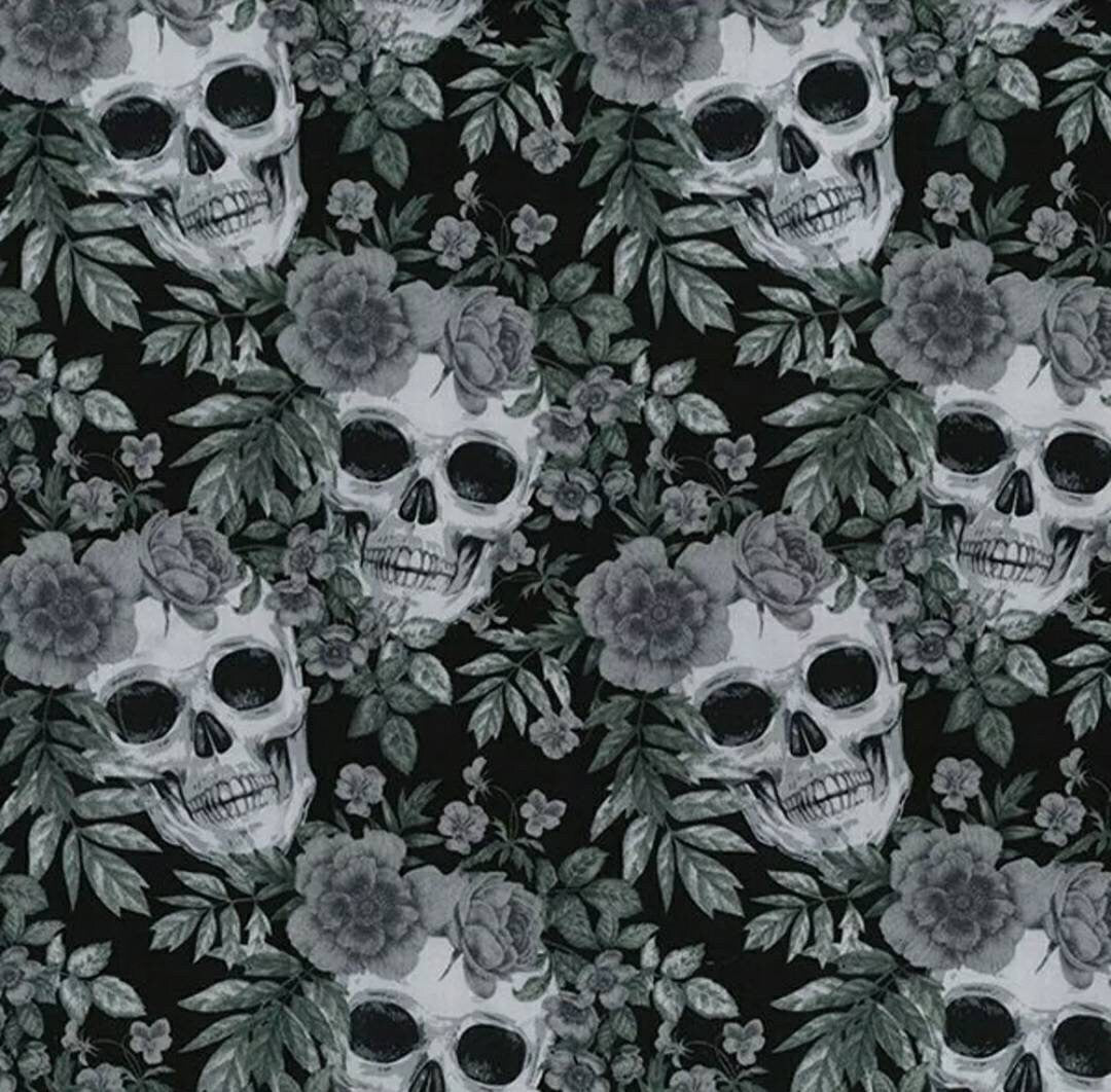 Grey Black Skulls Floral Rose Gothic Sewing 100% Cotton