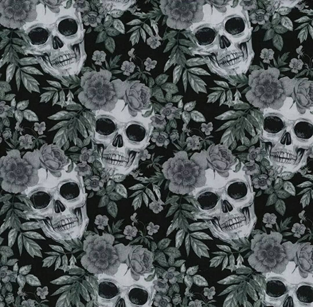 Grey Black Skulls Floral Rose Gothic Sewing 100% Cotton