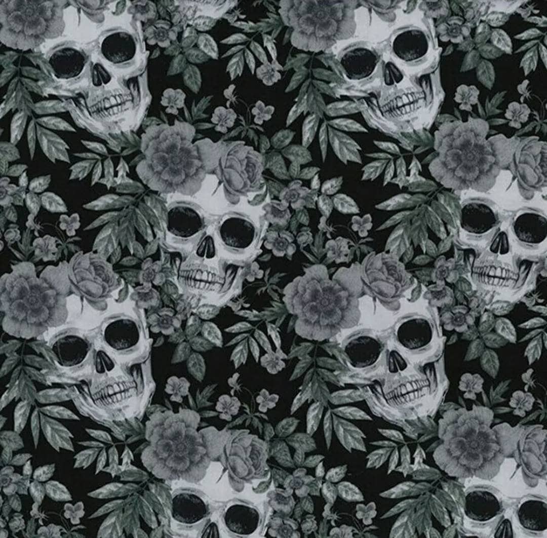Grey Black Skulls Floral Rose Gothic Sewing 100% Cotton