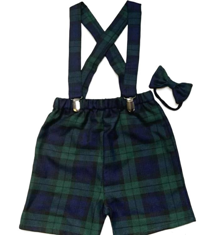 Black Watch Tartan Print Shorts with Braces and Dickie Bow Set Baby Boys Wedding Outfit
