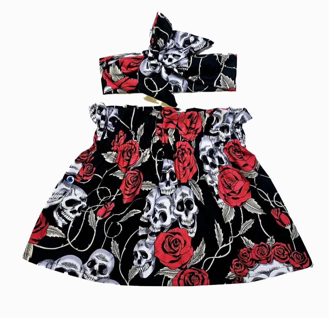 Baby's Rose & Hubble Skulls Skirt and Headwrap Cute Baby Set Skull Print Baby Girls Clothes