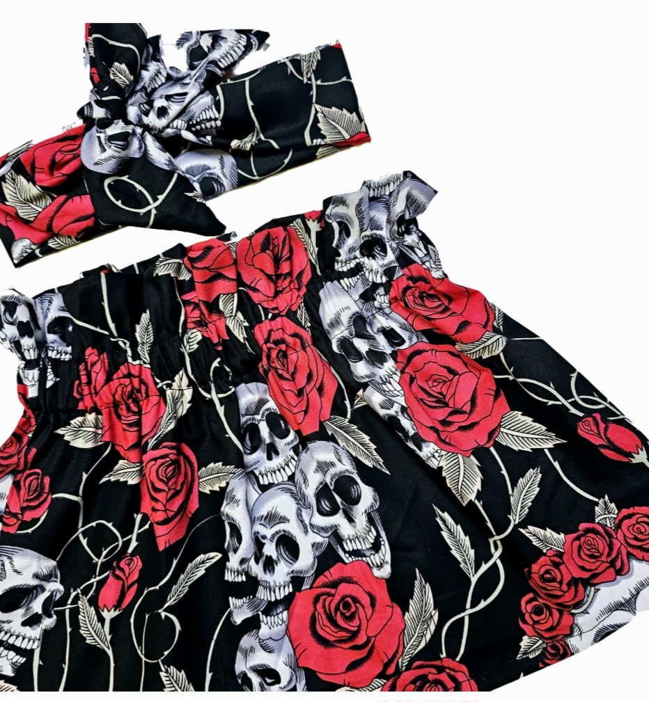 Baby's Rose & Hubble Skulls Skirt and Headwrap Cute Baby Set Skull Print Baby Girls Clothes