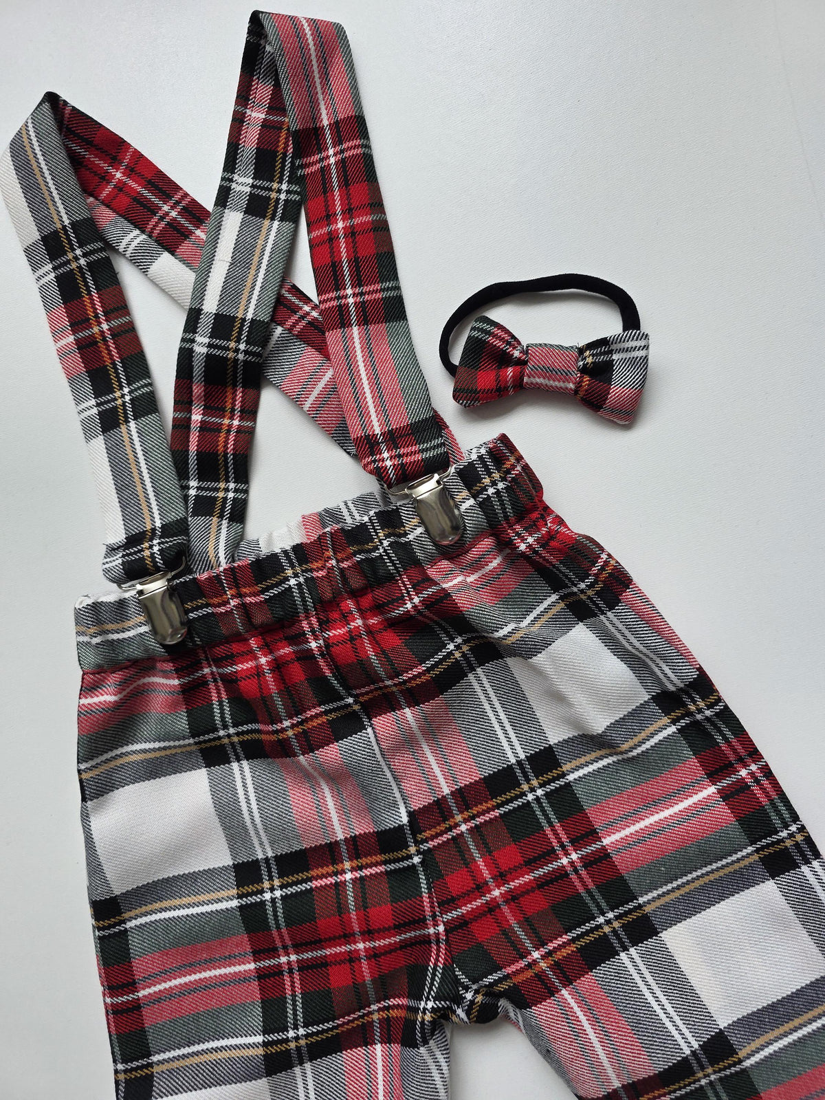 White Tartan Print Trousers Pants Trews with Braces and Bow Cute Baby Set Baby Kids Clothes NEW