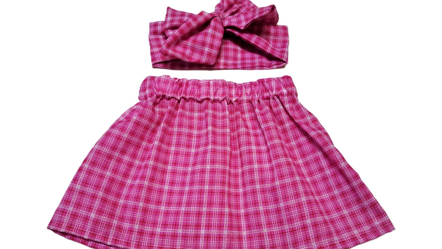 Gingham Baby Girl's Skirt and Headwrap Set, Pink Plaid Cotton Outfit
