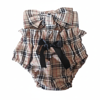 Beige Tartan Print Baby Girl's Bloomer with Black Ribbon and Headwrap Set image 1