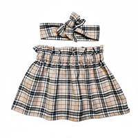 Girl's Beige Tartan High Waisted Skirt and Headwrap Set image 2