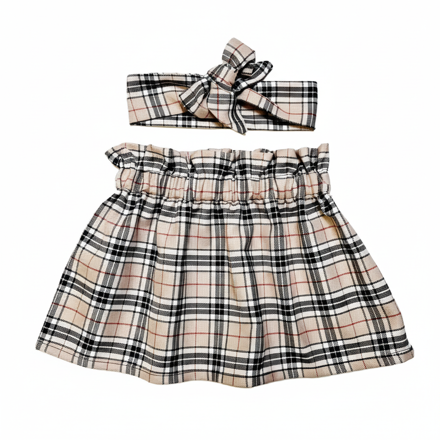 Girl's Beige Tartan High Waisted Skirt and Headwrap Set