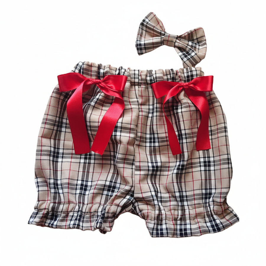 Beige Tartan Print Baby Girl's Bloomer and Hair Bow Set