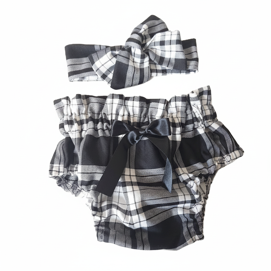 Black & White Tartan Print Baby Girl's Bloomer and Headwrap Set