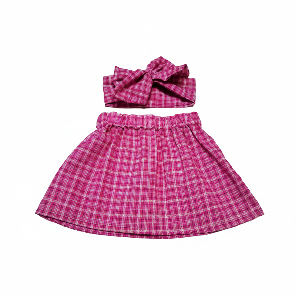 Gingham Baby Girl's Skirt and Headwrap Set, Pink Plaid Cotton Outfit