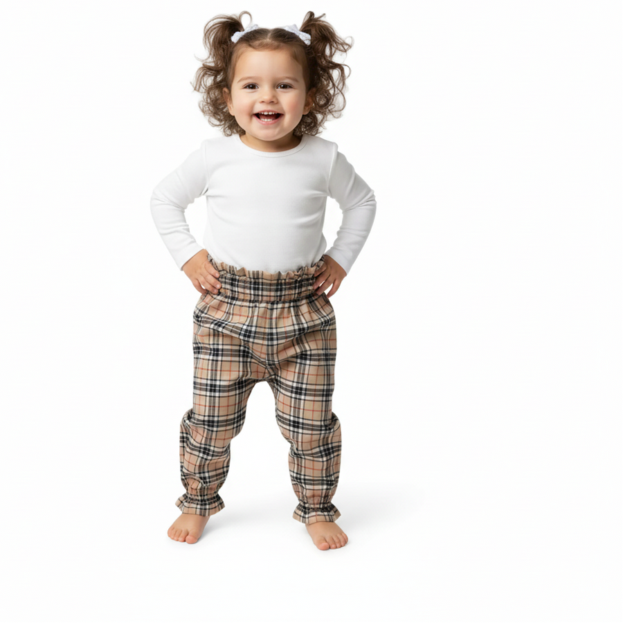 Beige Tartan Girl's Baby's Trousers