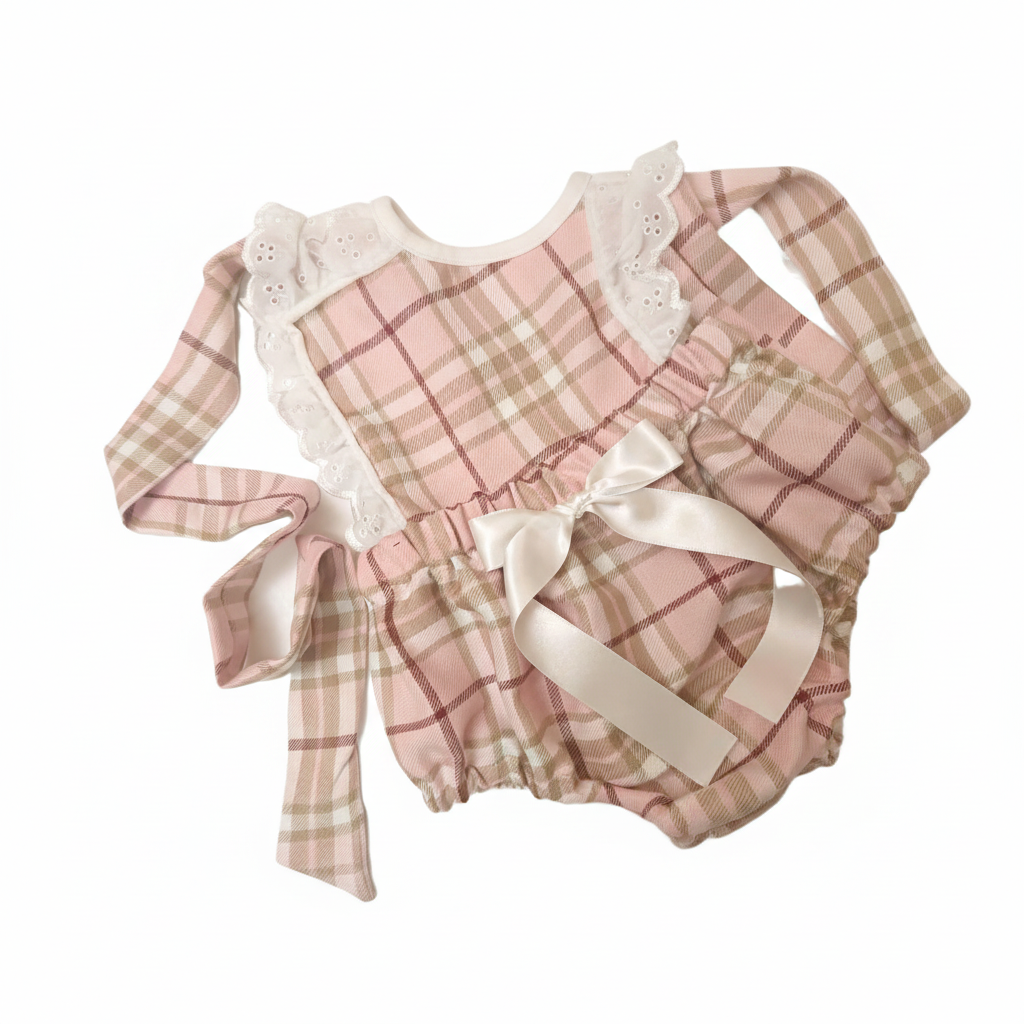Pink Tartan Pinafore Bloomer White Background