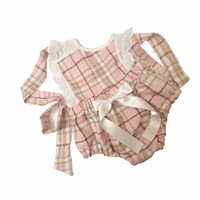 Baby Girl's Pink Tartan Pinafore Bloomer with Lace image 3