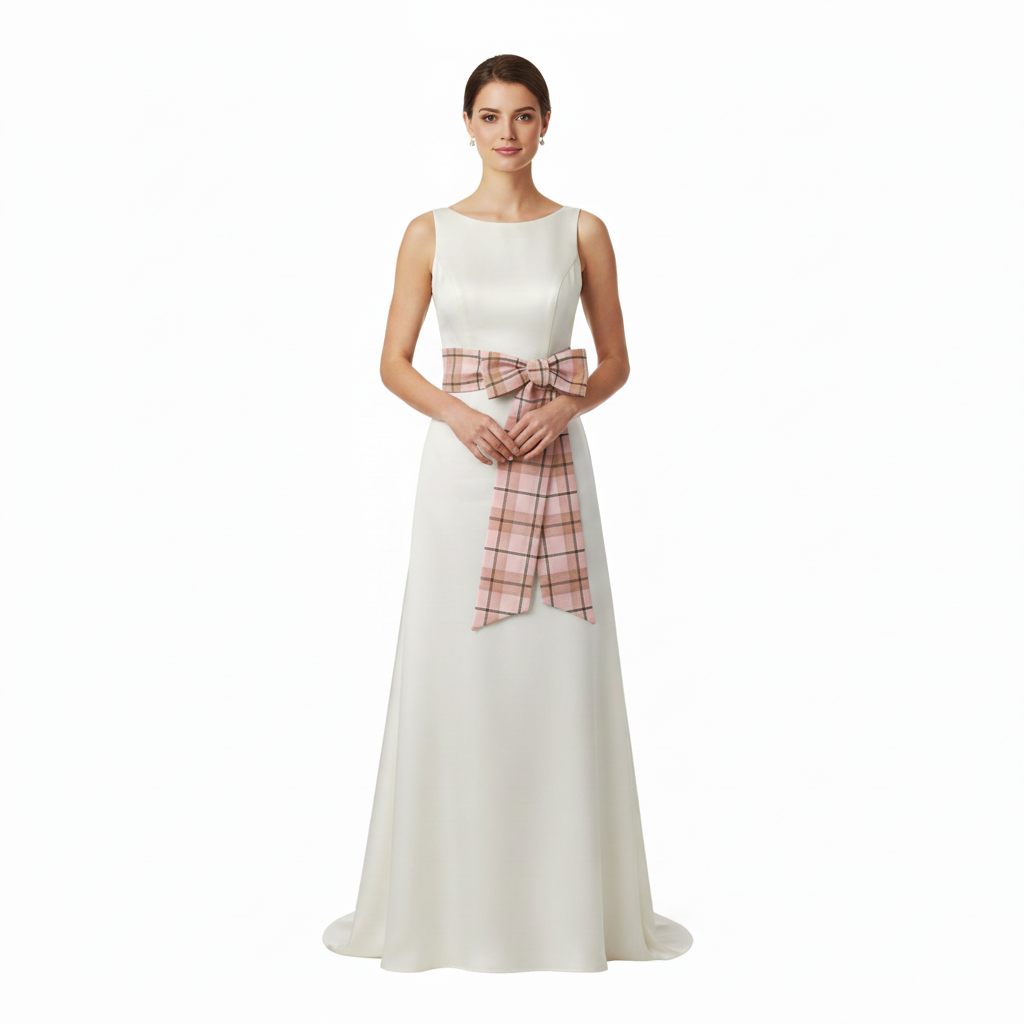 Pink Tartan Sash with side bow on wedding dress