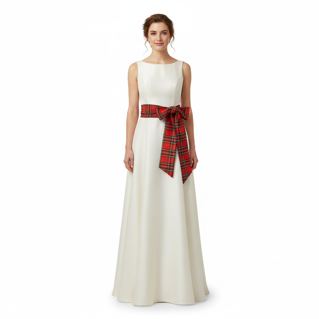 Real woman wearing red tartan sash on white background