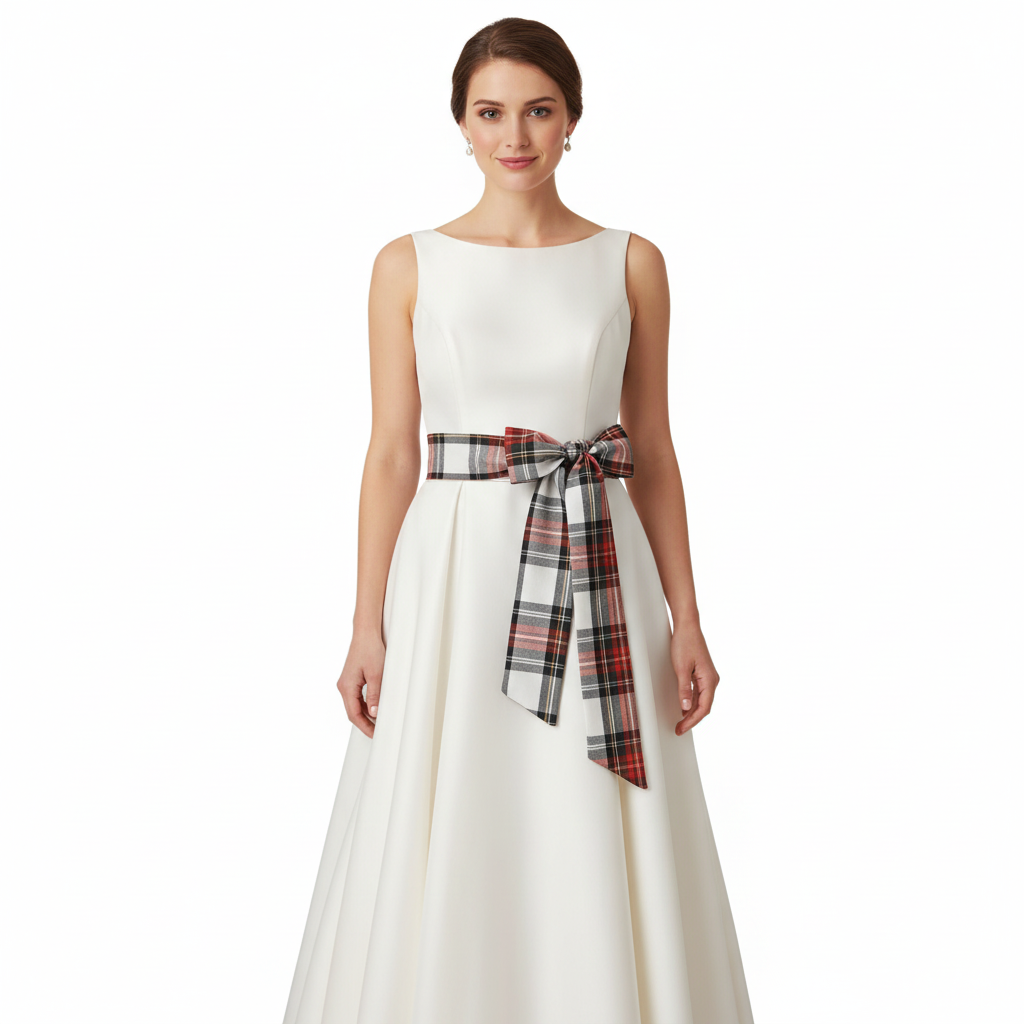 Real woman wearing white tartan sash on white background