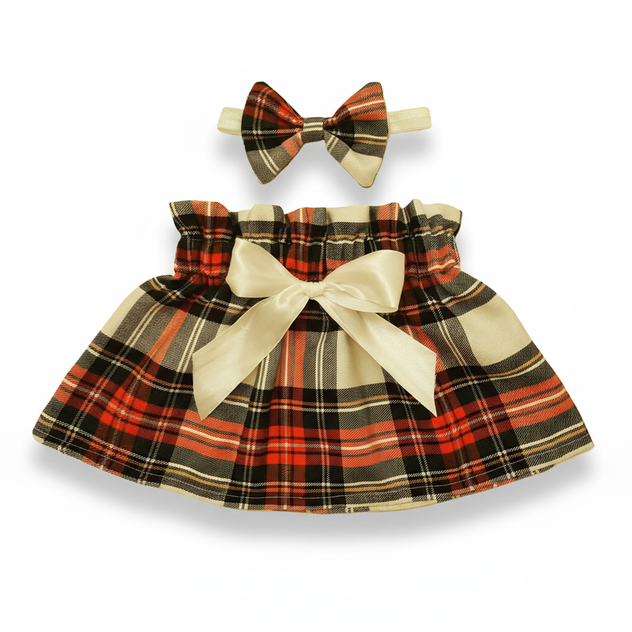 Baby's Skirt and Headwrap Set Red, Black & White Tartan Print