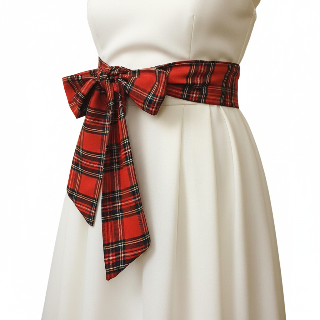 Red tartan sash on woman with white background
