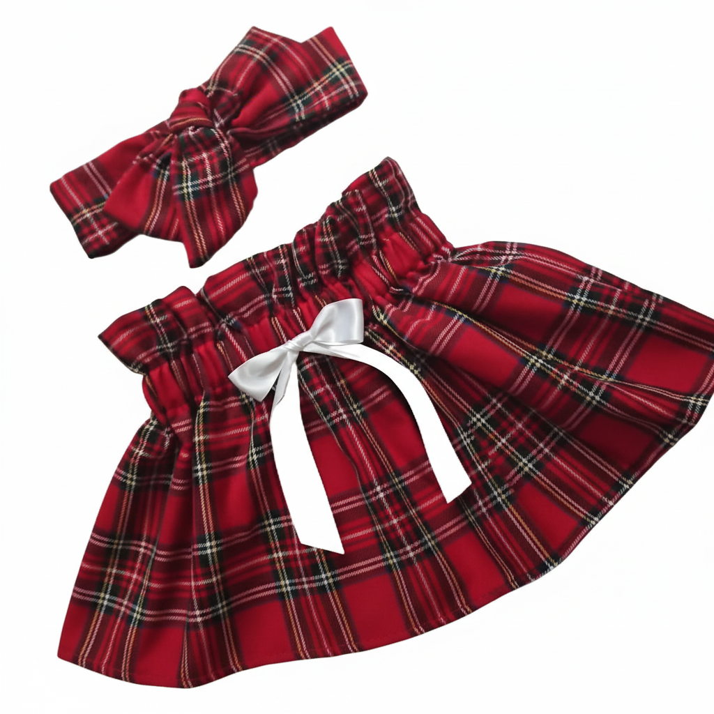 Red Tartan Set White Bow White Background