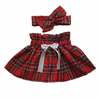 Red Royal Stewart Tartan Girl's Skirt with White Bow Front and Headwrap Set image 6