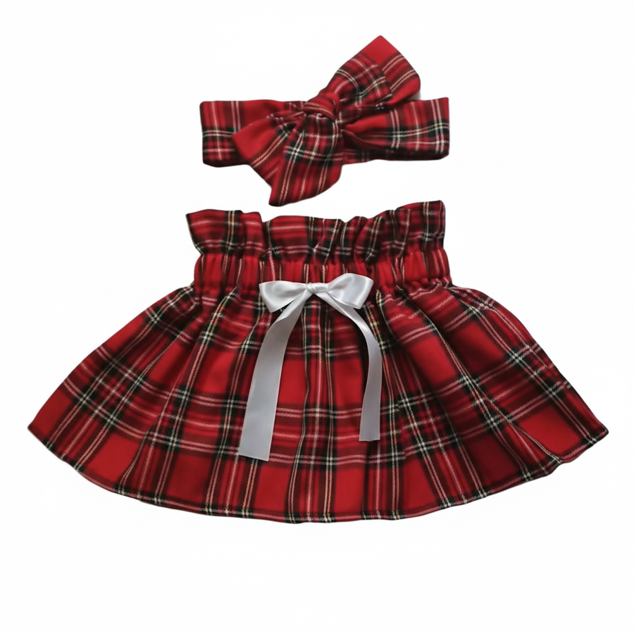 Red Royal Stewart Tartan Girl's Skirt with White Bow Front and Headwrap Set