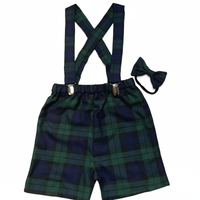 Black Watch Tartan Print Shorts with Braces and Dickie Bow Set Baby Boys Wedding Outfit image 1
