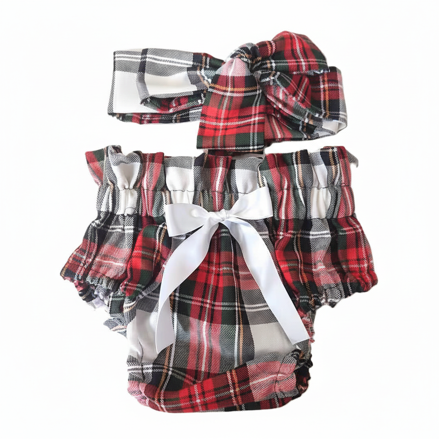 Tartan Baby Girl's Bloomers and Headwrap Set, Red, White