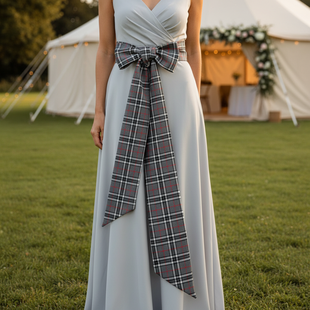 Thinner grey tartan sash at outdoor wedding