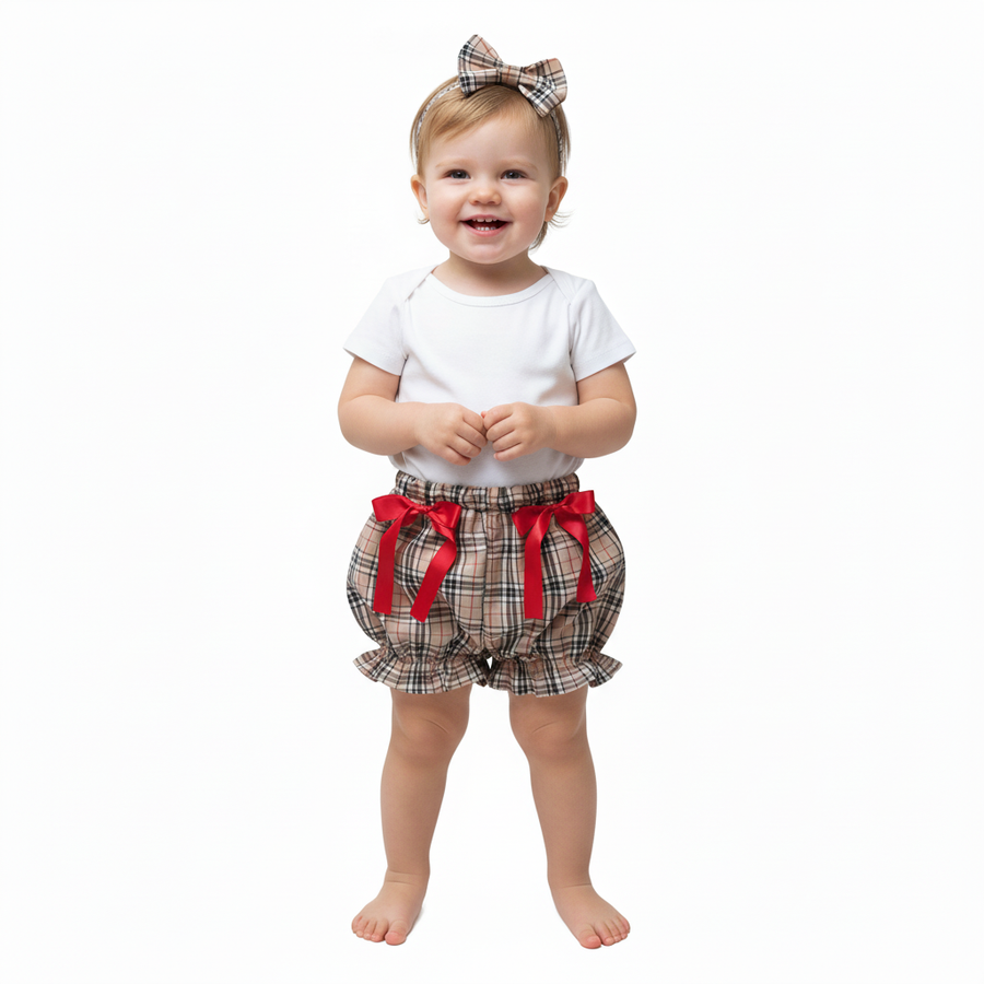 Beige Tartan Print Baby Girl's Bloomer and Hair Bow Set