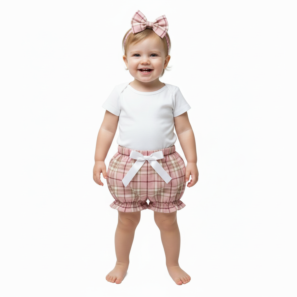 Toddler in pink tartan bloomer set with white bow