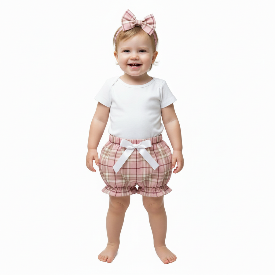 Pink Tartan Print Baby Girl's Bloomer and Hair Bow Set