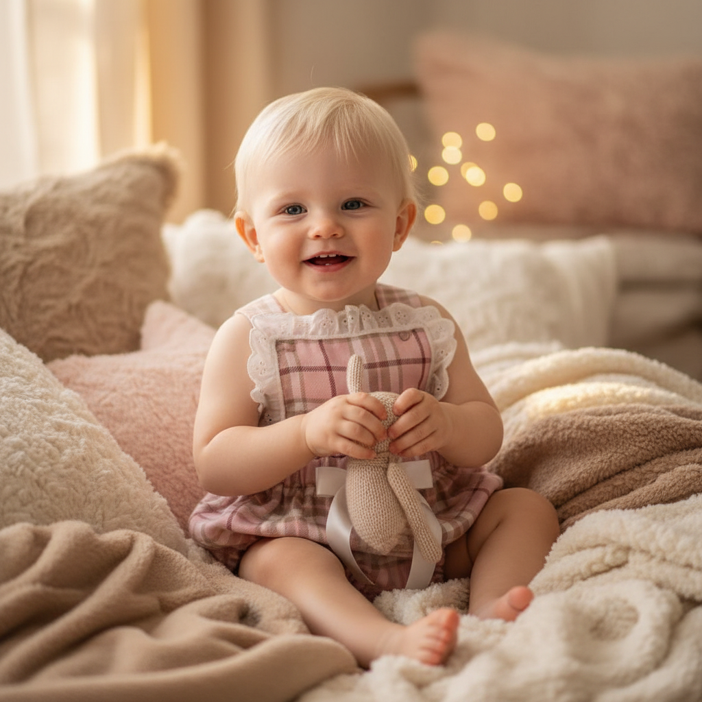 Toddler in Pink Tartan Pinafore Bloomer Cosy Scene