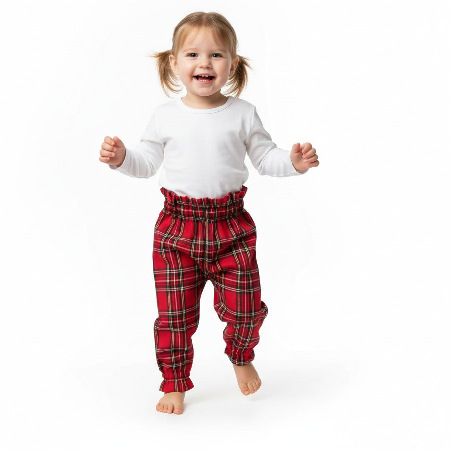 Toddler wearing Red Royal Stewart Tartan Trousers