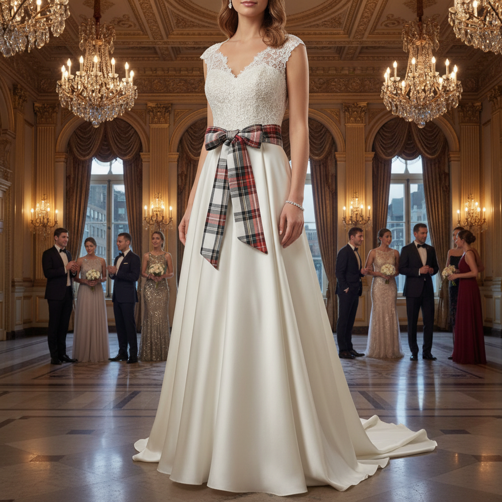 White tartan sash at elegant party